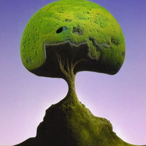 Prompt: a tree growing from a crystal rock floating in space, by roger dean