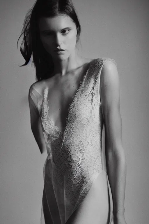 Image similar to sheer dress with plunging neckline and lace sleeves. award-winning fashion photography. intimate and vulnerable lighting. 130mm bw fashion photography.