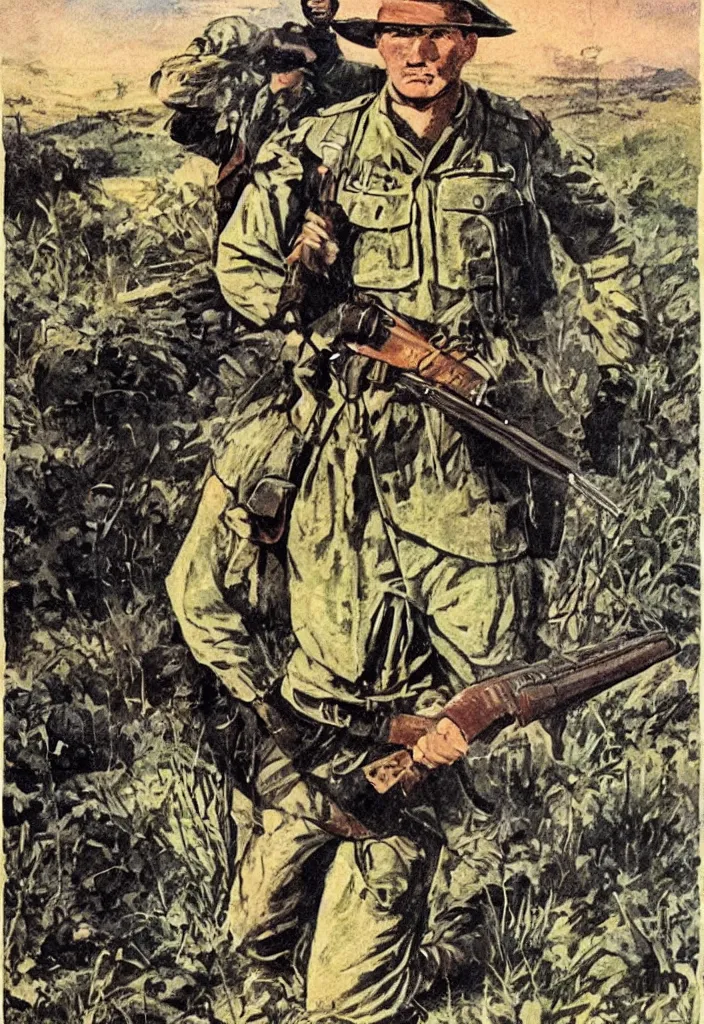 Image similar to a boer soldier in the vled holding a rifle during the anglo-boer war. 50s comic book illustration.