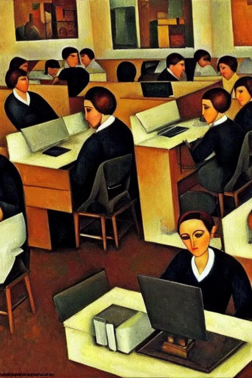 Image similar to oil painting highly detailed computer workers in office painted by amadeo modigliani