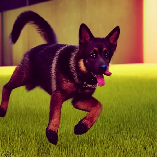 Prompt: my gsd puppy gets the zoomies, high energy, frenetic craziness, running, jumping, chasing, 3 d octane render, imax 7 0 mm, rtx,