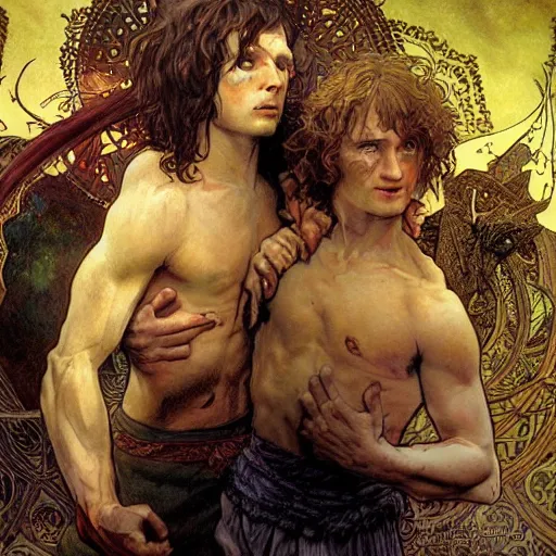 Image similar to hobbits wrestling with demons, hyper realistic, digital painting. art station. mood lighting, highly detailed, concept art, intricate, sharp focus, by shaun berke and alphonse mucha, milo manara - h 1 2 0 0