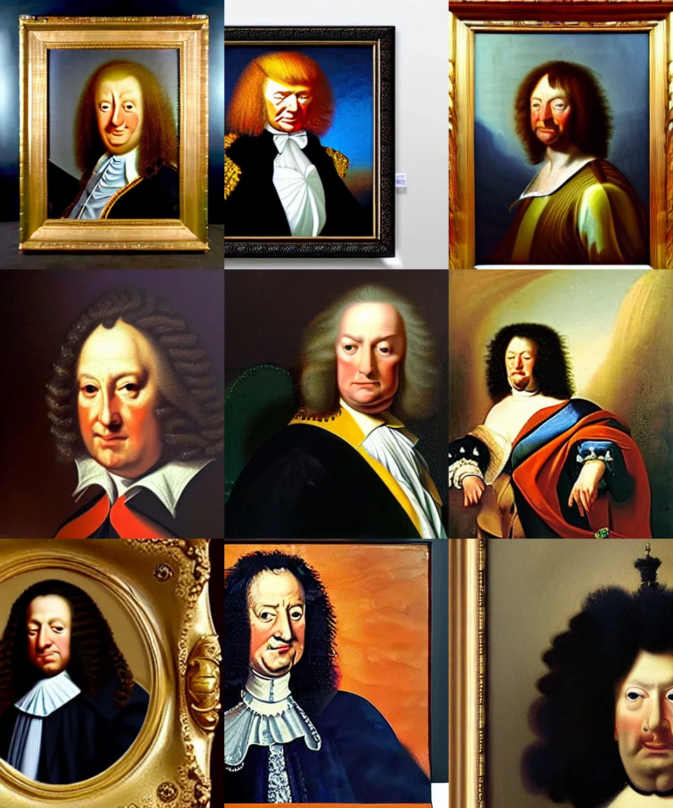 Prompt: classic painting of donald trump dressed as louis xiv, donald trump hair, orange skin, caravaggio, oil painting