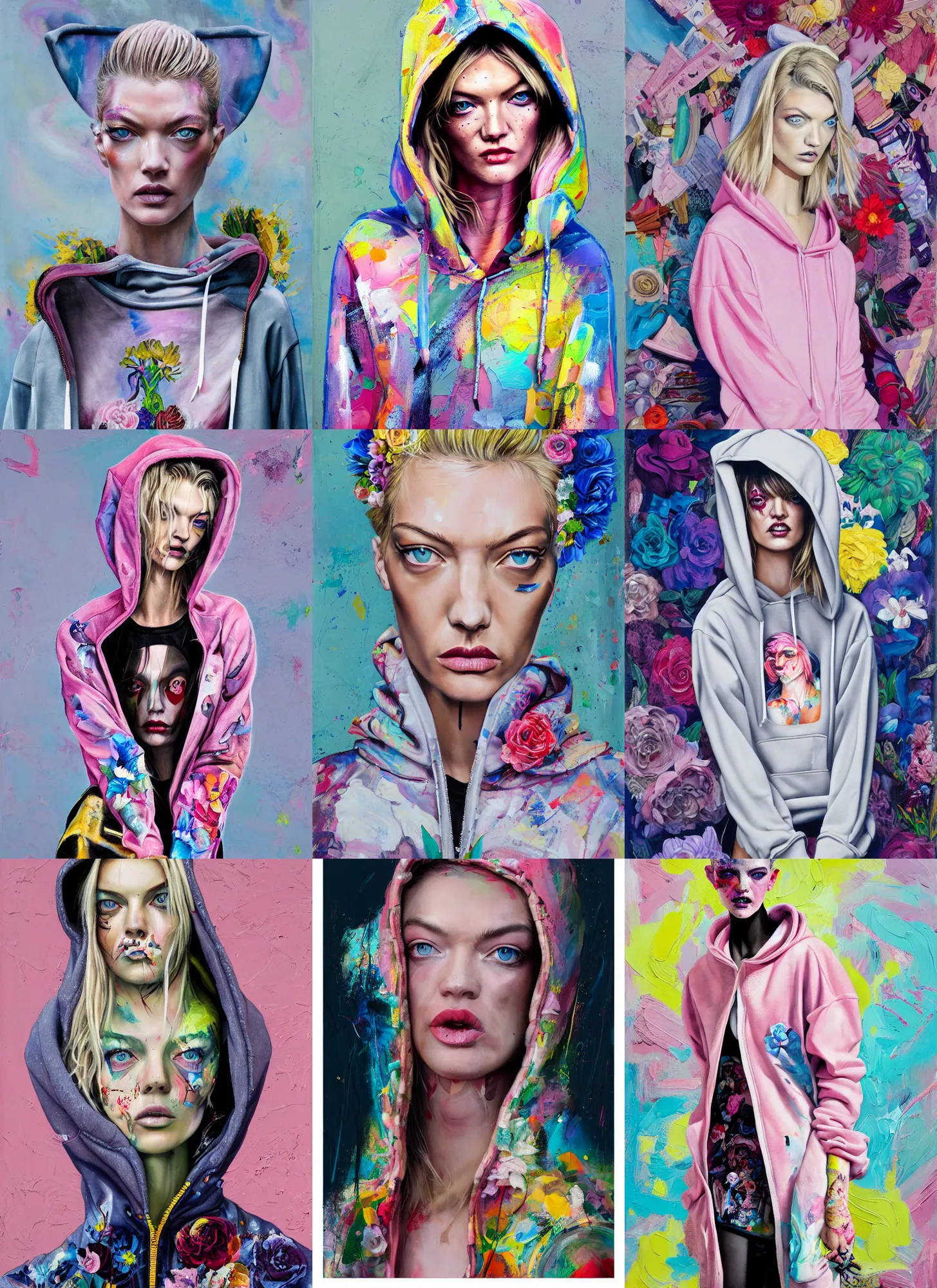 Prompt: martha hunt wearing a hoodie standing in a township street in the style of martine johanna, street clothing, haute couture! fashion!, full figure painting by andrei riabovitchev, tara mcpherson, david choe, decorative flowers, detailed painterly impasto brushwork, pastel color palette, die antwoord