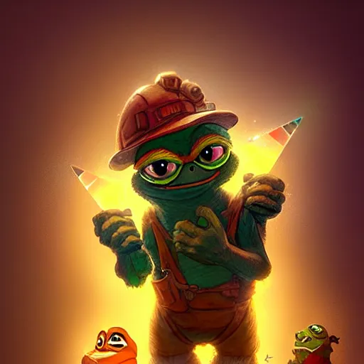 Prompt: pepe the miner with crystals, greg rutkowski, crystals