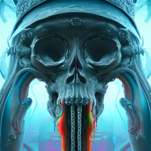 Image similar to soft painting render curiosities gigantic skulls tentacles reflection refraction gateway portal synthwave, accurate features, focus, very intricate ultrafine details, rainbow lighting, dense fog, award winning masterpiece, octane render 8 k hd, dark fantasy