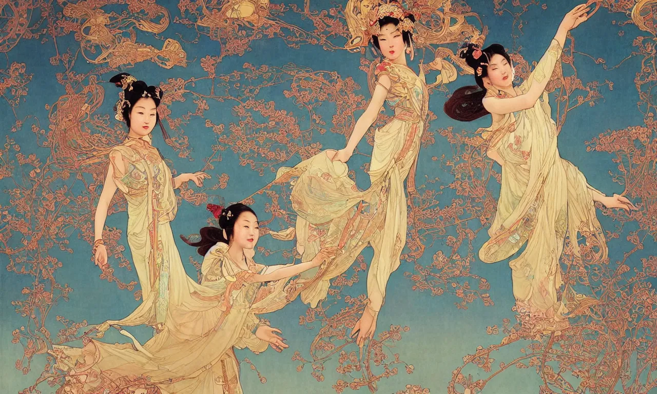 Image similar to a chinese princess dance in aerial, fairy, han dynasty, dunhuang style, mythology, ornate, silk, streamer, spinning in the sky, by stanley artgerm lau, greg rutkowski, victo ngai, alphonse mucha, loish, norman rockwell