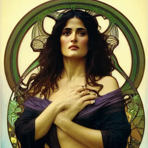 Prompt: detailed portrait art nouveau painting of salma hayek, by Alphonse Mucha, Michael Whelan, William Adolphe Bouguereau, John Williams Waterhouse,and Donato Giancola