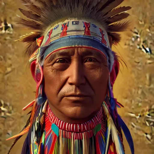 Image similar to abstract 3d portrait Native American in his traditional clothes age 40 by james jean and Jason Chan, rendering, redshift, octane