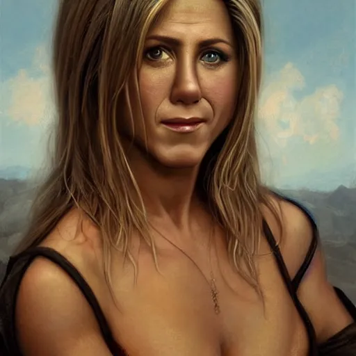 Image similar to the portrait of jennifer aniston as a bikini warrior by roberto ferri, fantasy, witcher, very detailed oil painting, masterpiece, 8 k
