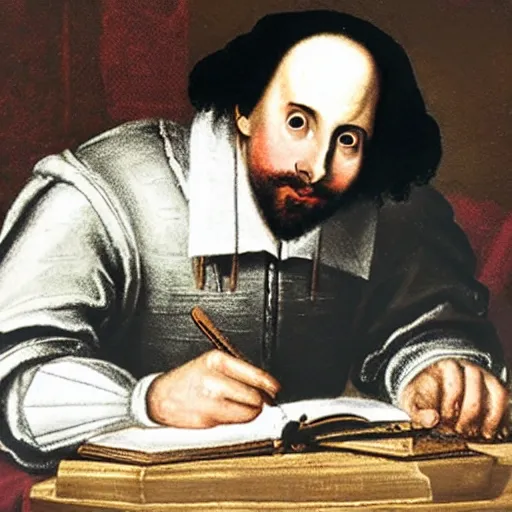 Prompt: Photo of William Shakespeare writing in a notepad