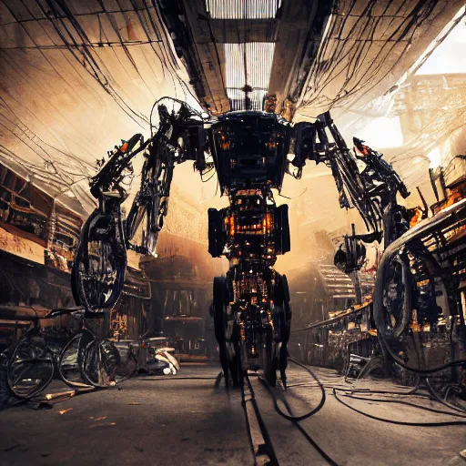 Image similar to bicycle mecha, dark messy smoke - filled cluttered workshop, dark, dramatic lighting, orange tint, sparks, cinematic, highly detailed, sci - fi, futuristic, movie still