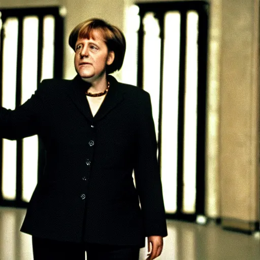 Image similar to angela merkel as neo, starring in the movie the matrix, 1999. Cinematic