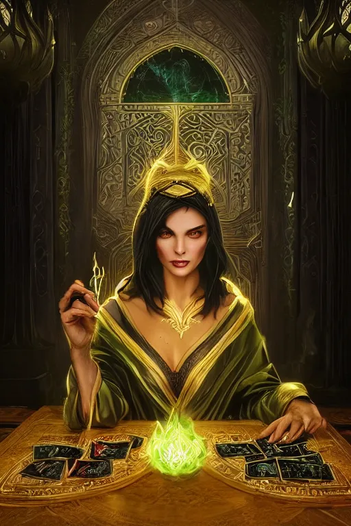 Prompt: a sorceress wearing a black robe with gold embroidery, sitting at table, casting a spell, green glows, painted by artgerm and tom bagshaw and wlop and stefan kostic, in the style of magic the gathering, highly detailed digital art