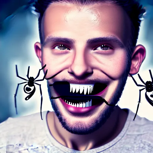 Image similar to photograph of smiling man with spiders inside his mouth, 8k resolution, high detail, ULTRA REALISTIC VFX, reflections