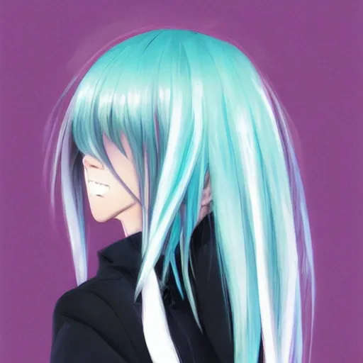 Image similar to profile shot of rimuru tempest, sky blue, straight hair, long bangs, | amber colored eyes | wearing a black jacket with white stripes, high collar, highly detailed, unreal engine 5, digital painting, cinematic, wlop | artgerm, pixiv, yoshitaka amano, greg rutkowski, ilya kuvshinov, andy warhol