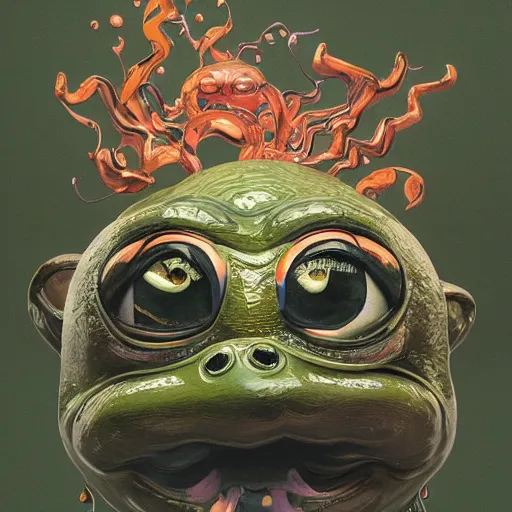 Image similar to plasticine wet shiny angles, crystal, moonlit, mirrors, camera angled dramatically, realistic hyperdetailed design of pepe the frog meme, ferocious, chinese mythology, victo nga, fumo yoshitoshi, ren jing jeong, feifei ruan, peter mohrbacher, takato yamamoto