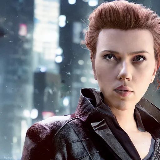 Image similar to a beautiful medium - shot still of scarlett johansson from ghost in the shell, cyberpunk style, looking off into the distance, a - line bob hairstyle, black hairs, ultra realistic, soft, blue hour, soft neons light from night city falling on her face. focus on her eyes and brows. by annie leibowitz