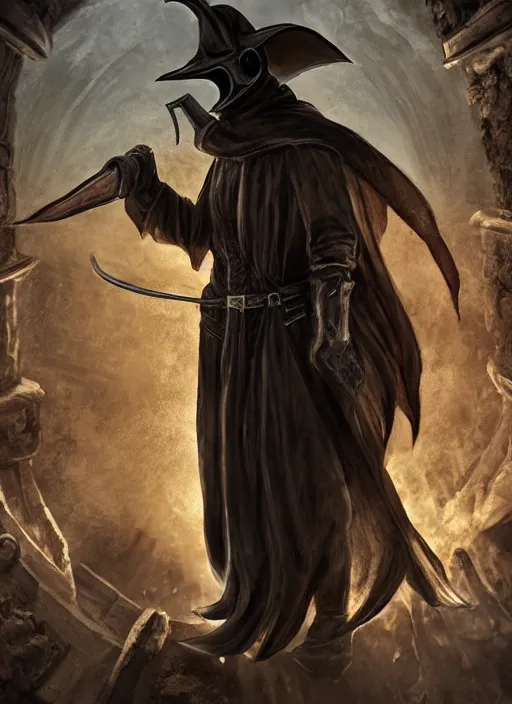 Image similar to plague doctor ultra detailed fantasy, elden ring, realistic, dnd character portrait, full body, dnd, rpg, lotr game design fanart by concept art, behance hd, artstation, deviantart, global illumination radiating a glowing aura global illumination ray tracing hdr render in unreal engine 5