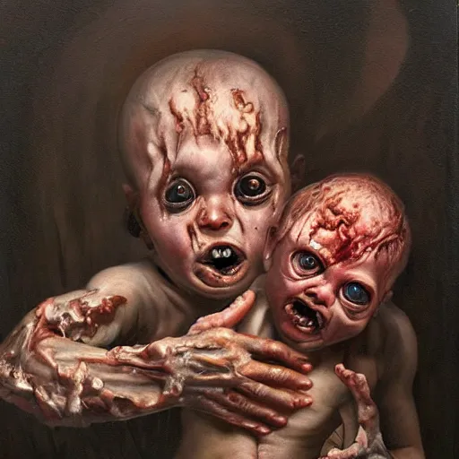 Image similar to oil painting by christian rex van minnen of a portrait of an extremely bizarre disturbing mutated baby with intense chiaroscuro lighting perfect composition, baby scarred, burns, horrible, disgusting, terrifying, award winning painting