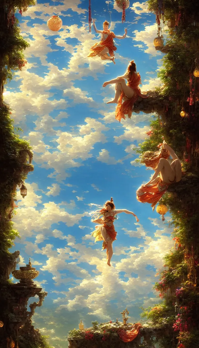 Image similar to wind deity enjoying the view from his stone heavenly palace, decorated with windchimes and paper lanterns, stunning nature and clouds in background, digital art, stanley artgerm lau, greg rutkowski, thomas kindkade, alphonse mucha, loish, norman rockwel