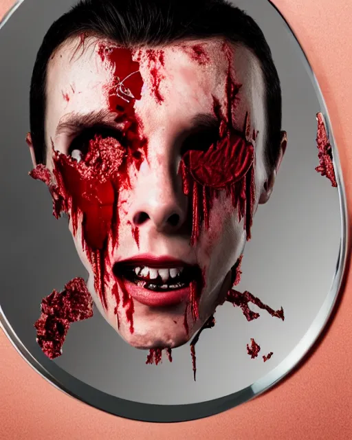 Image similar to the terror of facing yourself in the broken mirror, blood, fear, 8k, ultra realistic