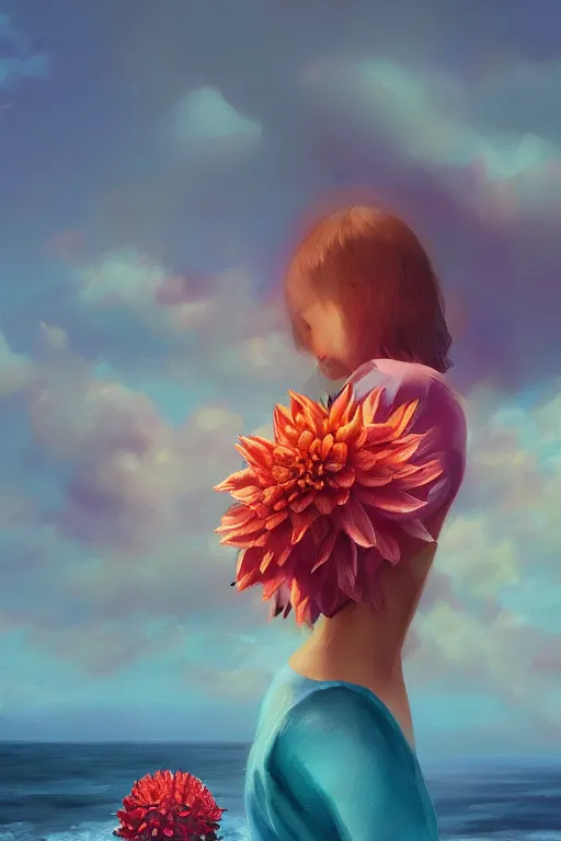 Image similar to closeup girl with huge dahlia flower head, on beach, surreal photography, blue sky, sunrise, dramatic light, impressionist painting, digital painting, artstation, simon stalenhag