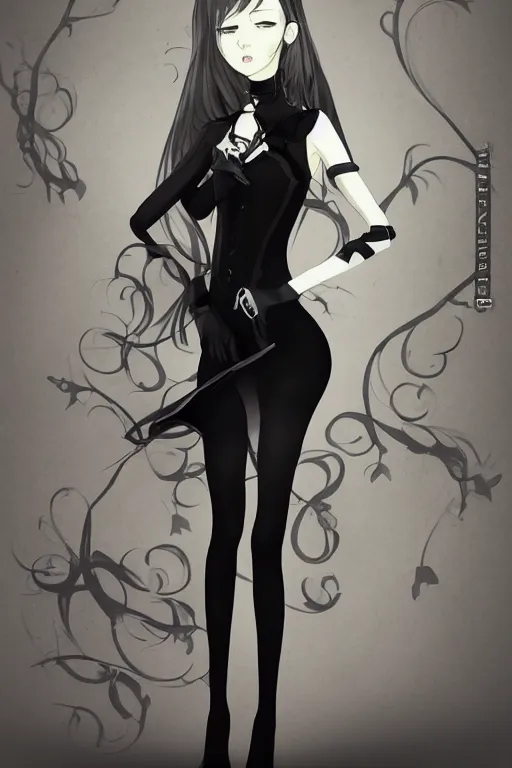 Image similar to pretty gothic lady wearing a tight black ornated dress and black stockings, fullbody art, drawn by WLOP, by Avetetsuya Studios, anime still, trending on artstation