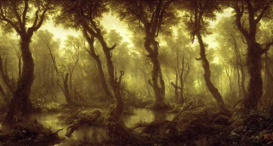 Image similar to A dense and dark enchanted forest with a swamp, by Guillaume Seignac