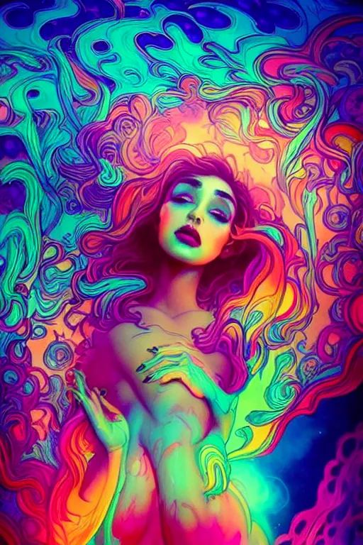 Image similar to a gorgeous woman engulfed in colorful liquid clouds and neon smoke, extremely psychedelic experience, psilocybin, dmt, lsd face, highly detailed, artstation, concept art, blue background, digital art by hana yata, and artem demura and beeple, alphonse mucha, octane render, unreal engine, 8 k