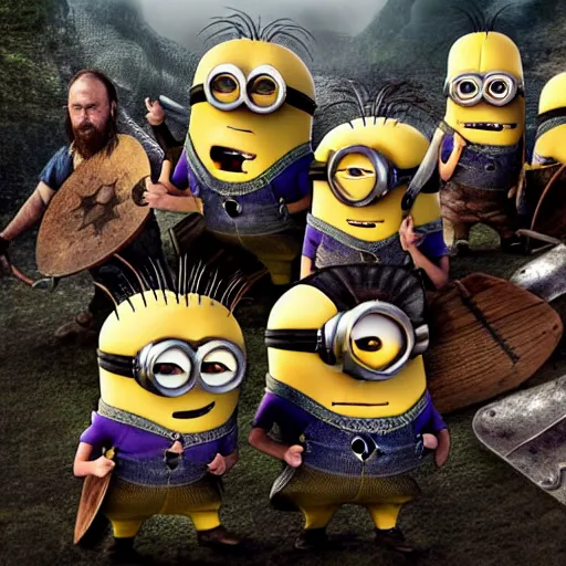 Image similar to The minions in The Vikings Digital art very detailed 4K quality Super Realistic