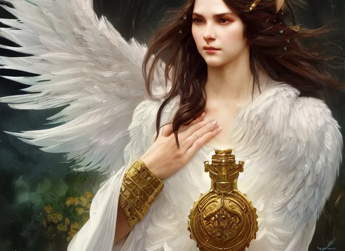 Image similar to a beautiful angel with feathered white wings, d & d, face, fantasy, intricate, elegant, highly detailed, digital painting, artstation, concept art, smooth, sharp focus, illustration, art by artgerm and greg rutkowski and alphonse mucha