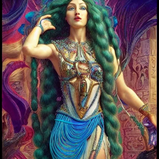 Image similar to artstation, intricate details, hyper details, by gaston bussiere and sandro botticelli, tan skin sumerian goddess inanna, lady of elche, egyptian sumerian features, techno mystic dominatrix goddess intergalactica, inanna with aqua neon rapunzel dreadlocks,