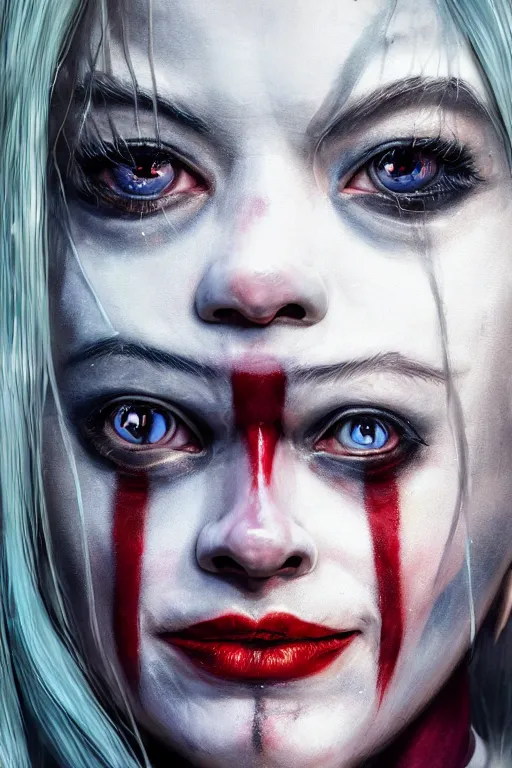 Prompt: a high detail portrait of a horrific Harley Quinn by Greg Rutkowski, Sung Choi, Mitchell Mohrhauser, Maciej Kuciara, Johnson Ting, Maxim Verehin, Peter Konig, final fantasy , mythical, 8k photorealistic, cinematic lighting, HD, high details, atmospheric,