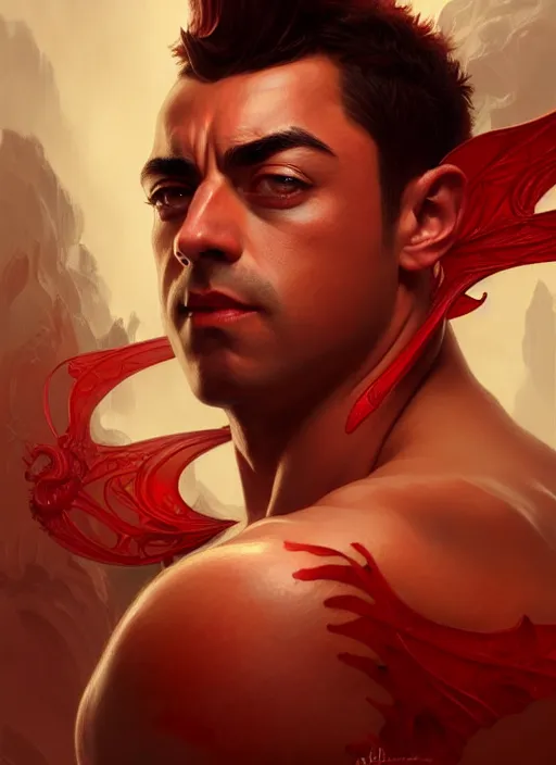 Image similar to portrait of aggressive xavi hernandez, d & d, muscular! red, fantasy, intricate, elegant, highly detailed, digital painting, artstation, concept art, smooth, sharp focus, illustration, art by artgerm and greg rutkowski and alphonse mucha