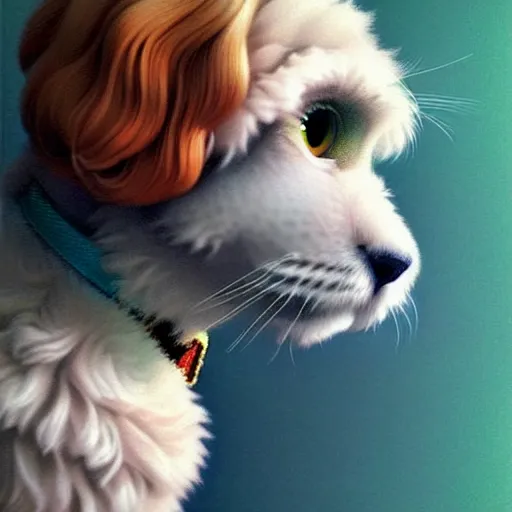 Prompt: a cute goldendoodle with tilted head and a fluffy grey cat, focus close on eyes, eighties holographic art by ilya kuvshinov monet range murata artgerm katsuhiro otomo norman rockwell, highly detailed intricately sharp focus, trending on pinterest vogue italia unreal engine