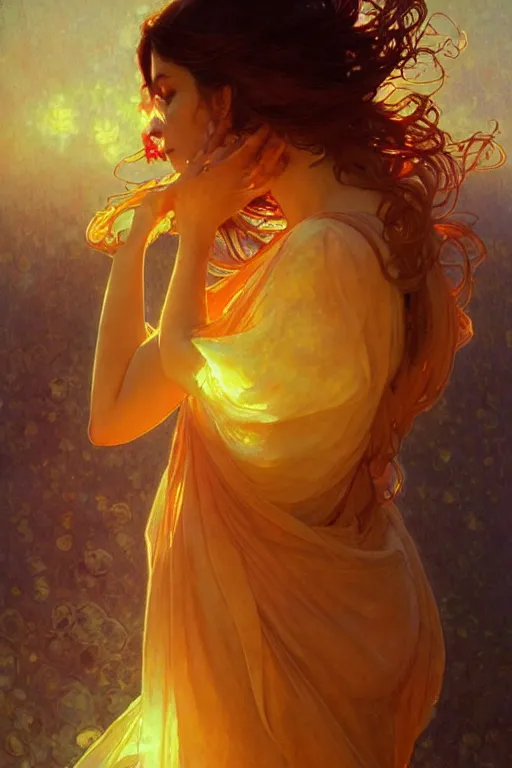 Image similar to glossy liquid honey drops flowing like translucent amber, backlit, sunset, refracted lighting, art by collier, albert aublet, krenz cushart, artem demura, alphonse mucha