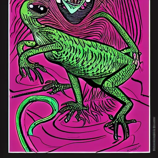 Image similar to lizard flamingo hybrid, muppet punk, basil wolverton style, hr giger style, disney style