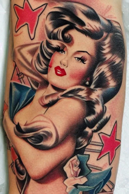 Image similar to traditional American tattoo of a pinup girl, detailed