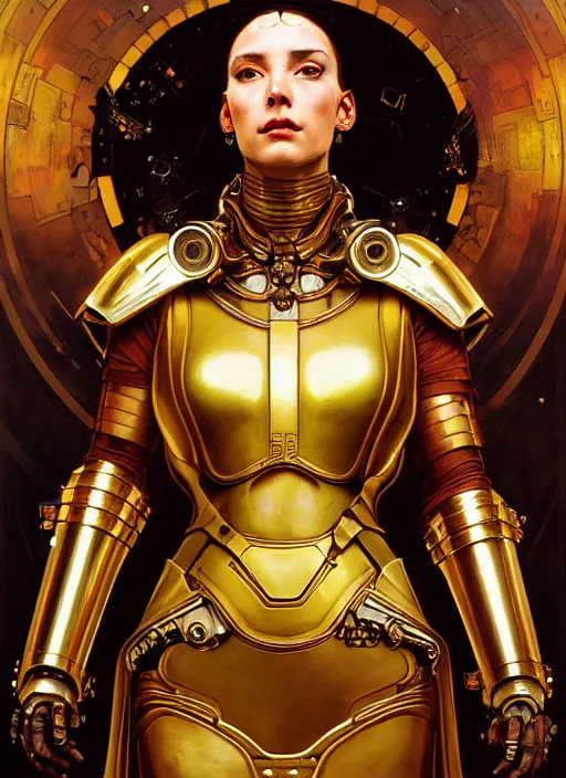 Prompt: portrait of a beautiful cyberpunk roman woman wearing a gold armor, beautiful symmetrical face, fantasy, regal, by stanley artgerm lau, greg rutkowski, thomas kindkade, alphonse mucha, loish, norman rockwell.