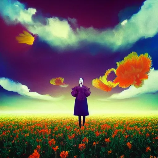 Image similar to woman with a flower face, standing in flower field, surreal photography, manipulation, sunrise, impressionist painting, colorful clouds, artstation, dali, simon stalenhag