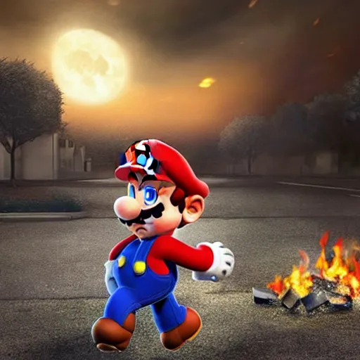 Image similar to Mario running away from the fire he set to the hospital , highly detailed, lifelike, photorealistic, sharp focus, intricate details, A24!film cinematography, unreal engine, cinematic, hyper realism, high detail, stars in sky, stars, moon,