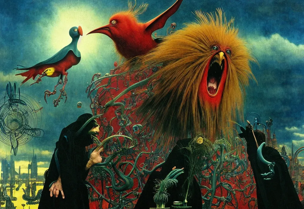 Image similar to realistic detailed portrait movie shot of a screaming birdman wearing black robes, sci fi city landscape background by denis villeneuve, amano, yves tanguy, alphonse mucha, ernst haeckel, max ernst, roger dean, masterpiece, rich moody colours, blue eyes