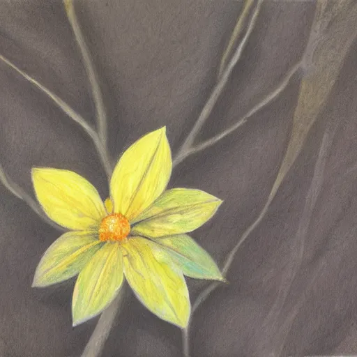 Prompt: detailed painting of a single seedling on loose fresh earth, revealing a few branches with leaves and a small yellow flower. muted colors and natural tones.