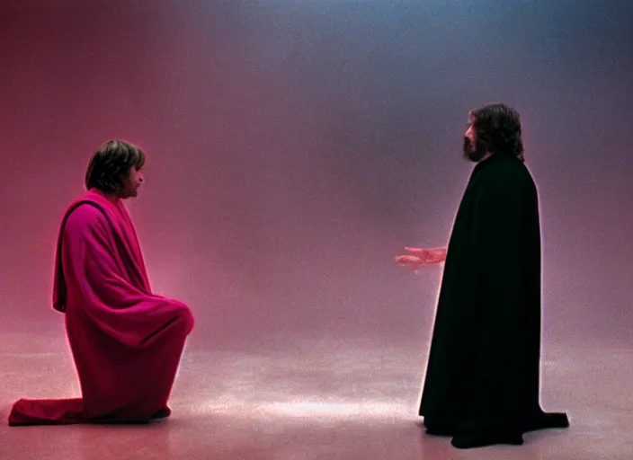 Image similar to Luke skywalker kneels before a strange jedi oracle, a mystic with infinite knowledge of time. in a foggy pink land. still from the 1983 film directed byalejandro jodorowsky. holy mountain, Photographed with Leica Summilux-M 24 mm lens, ISO 100, f/8, Portra 400