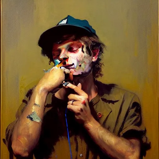 Image similar to portrait of mac demarco smoking a cigarette, detailed face, detailed painting, epic lighting, by ilya repin, phil hale and kent williams