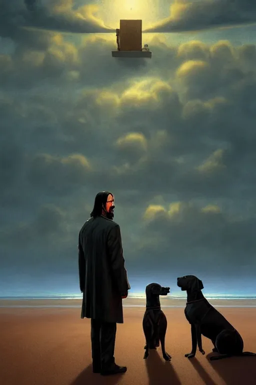 Prompt: keanu reeves as john wick sits at a beach with his grey pitbull and looks into the sunset, feeling of sadness, detailed digital matte painting in the style of simon stalenhag and bev dolittle zdzisław beksinski, greg hildebrandt artstation, psychedelic