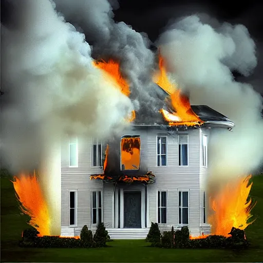 Image similar to “White mansion engulfed in flames, digital art.”