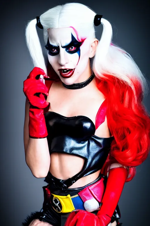 Image similar to lady gaga in harley quinn costume attacked by stuffed toy, luxury materials, symmetrical, cinematic, elegant, professional studio light, real dlsr photography, sharp focus, 4 k, ultra hd, sense of awe, high fashion