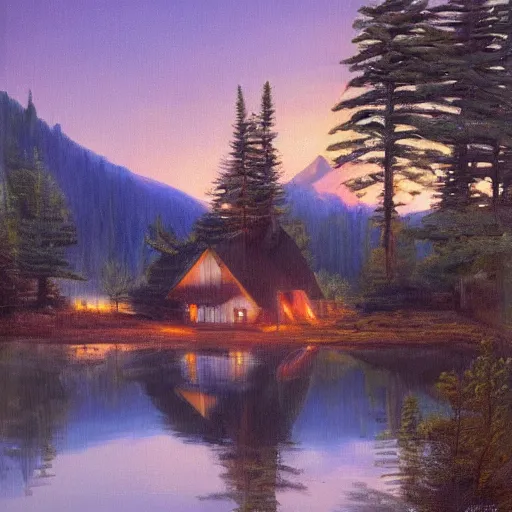 Prompt: small robot cottage at the edge of a lake in the mountains, painting by frank moth, soft glowing windows, early evening, reflections, pine trees, detailed, outlined